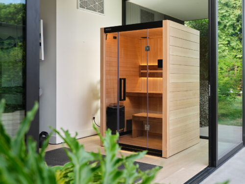 A full view of a Tylo sauna inside a house