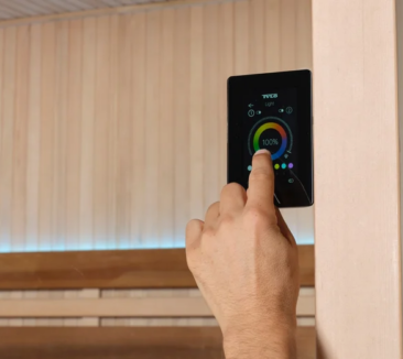 A close up of the Tylo Kiruna Hybrid sauna light feature