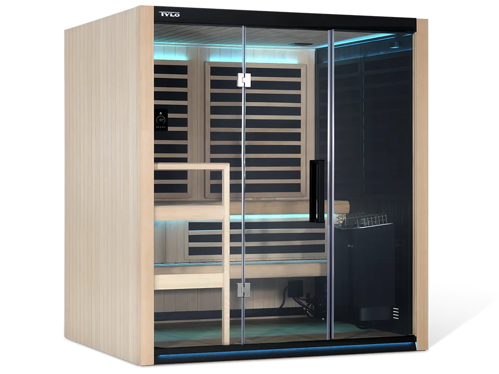 A full view of the Tylo Kiruna Hybrid 3 person sauna