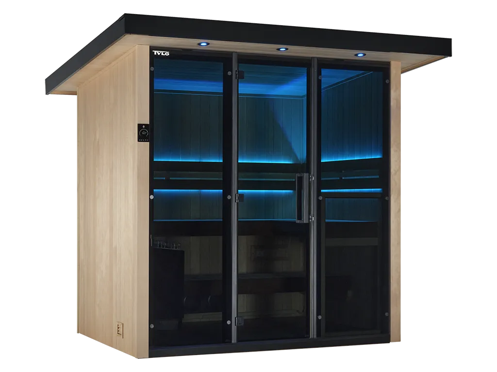 A tylo Lulea outdoor sauna with blue lights